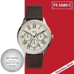 RELOJ DE CABALLERO ACERO INOXIDABLE MARCA FUSSIL CARATULA BEIGE CON  DIALES NEGROS CORREA DE PIEL CAFÉ